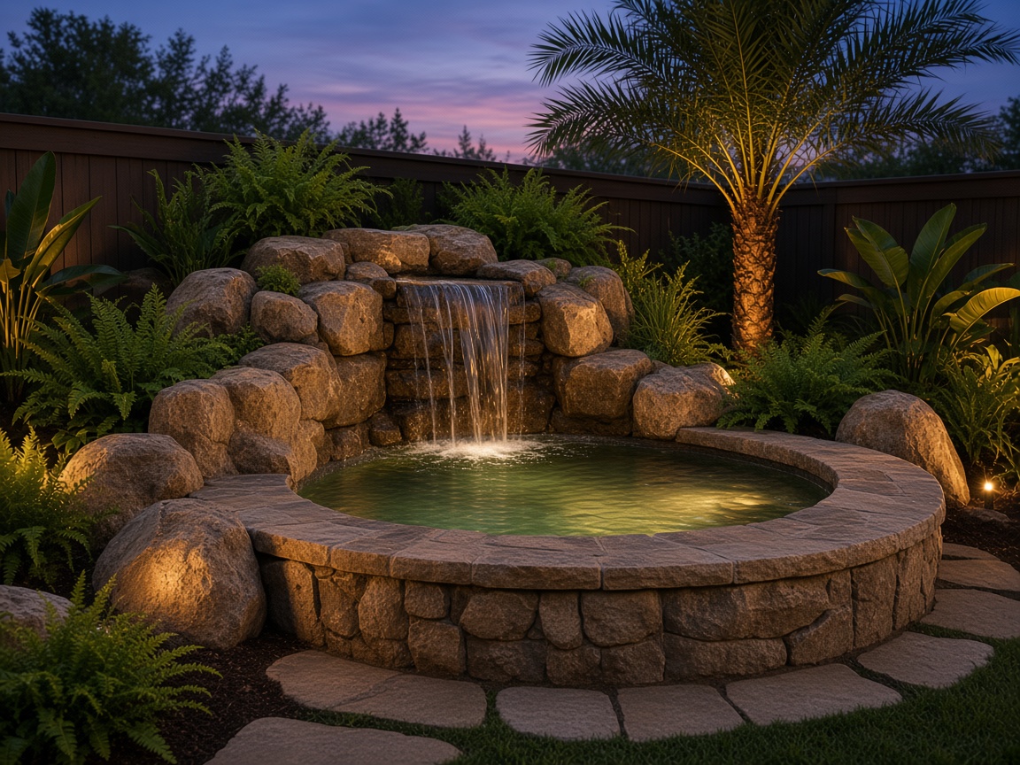 Round stone spa with a rock waterfall at dusk